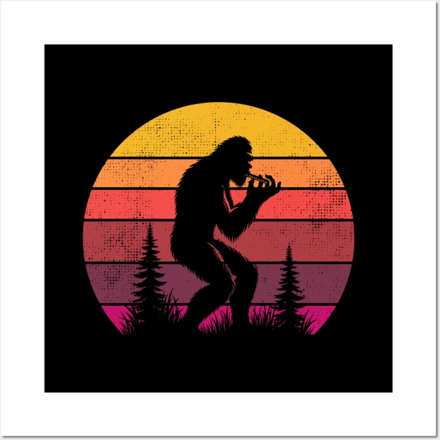 Bigfoot Sasquatch Playing The Harmonica Vintage Sunset Music Lover Wall Art by Cuteness Klub